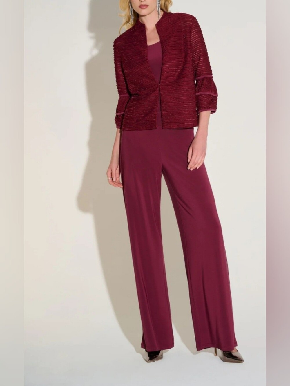 Joseph Ribkoff Set Merlot 3 Piece Open Ruched Jacket Pants Top - Picture 2 of 12